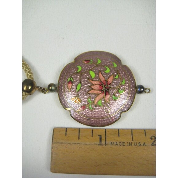 Vintage Lotus Floral Enamel Pendant Necklace 28 inch Goldtone Braided Cord - Picture 2 of 13